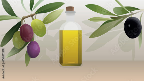 Olive oil in a bottle with green, black and purple olives and leaves. Olive oil bottle and olives on branch. Natural healthy food product ads template. Flat lay olive oil ads. 