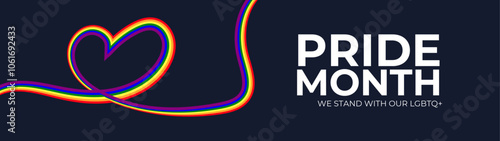 LGBT Pride Month in June. Lesbian Gay Bisexual Transgender. Celebrated annual. LGBT flag. long rainbow pride flag roll made to heart shape on black background. banner, flyer. Vector illustration