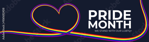 LGBT Pride Month in June. Lesbian Gay Bisexual Transgender. Celebrated annual. LGBT flag. long rainbow pride flag roll made to heart shape on black background. banner, flyer. Vector illustration