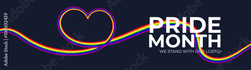 LGBT Pride Month in June. Lesbian Gay Bisexual Transgender. Celebrated annual. LGBT flag. long rainbow pride flag roll made to heart shape on black background. banner, flyer. Vector illustration