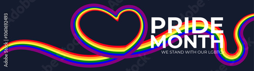 LGBT Pride Month in June. Lesbian Gay Bisexual Transgender. Celebrated annual. LGBT flag. long rainbow pride flag roll made to heart shape on black background. banner, flyer. Vector illustration