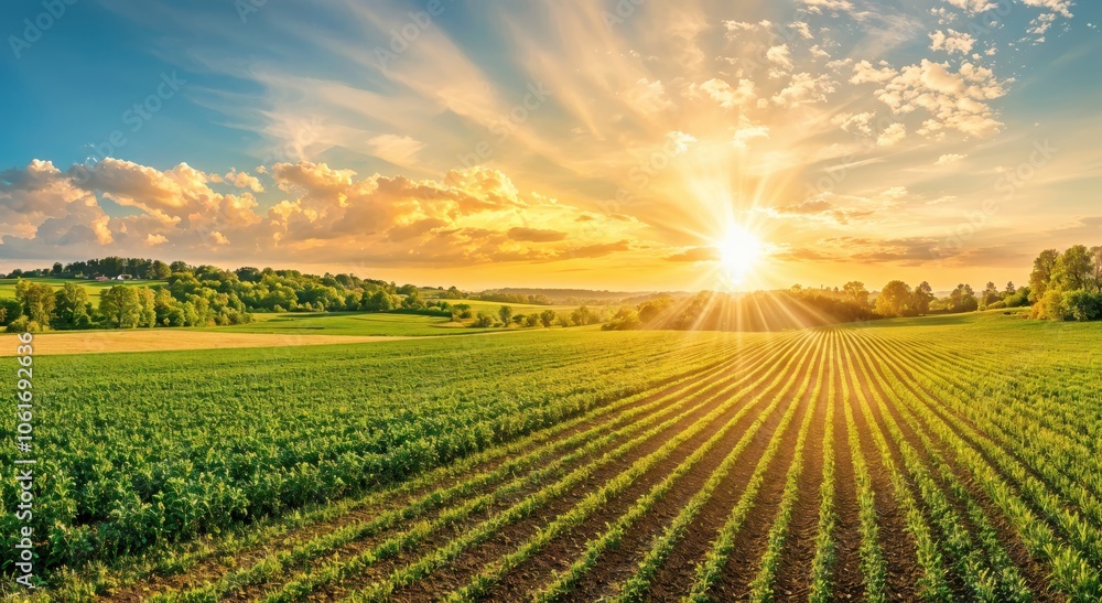 Landscape showcasing a sunrise over a lush green field, with rows of crops Landscape showcasing a sunrise over a lush green field, with rows of crops