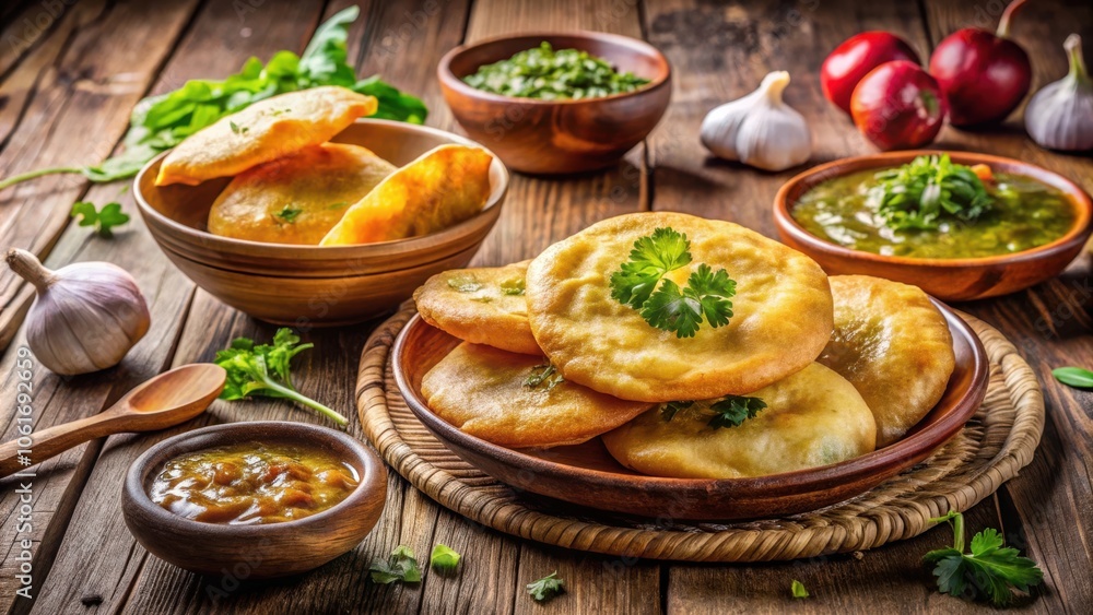 Aromatic Deep-Fried Flatbreads Served on Wooden Table with Dipping Sauces and Fresh Herbs Aromatic Deep-Fried Flatbreads Served on Wooden Table with Dipping Sauces and Fresh Herbs