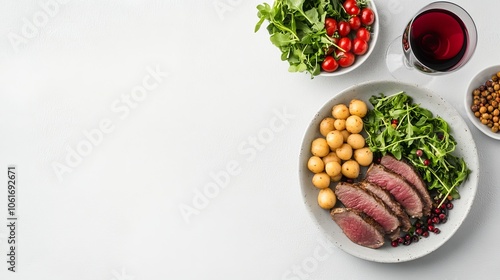 Healthy beef salad with potatoes, arugula, tomatoes, and red wine photo