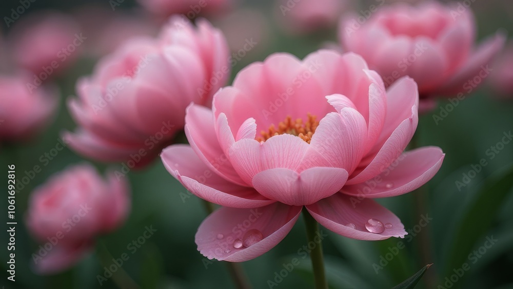 Delicate pink peony blossoms with dew drops in a lush garden setting Delicate pink peony blossoms with dew drops in a lush garden setting