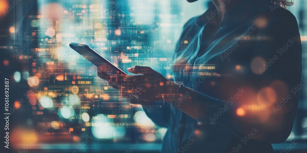 Fototapeta premium Defocused image of a financial analyst reviewing cryptocurrency trends using a digital wallet interface, with an abstract background.