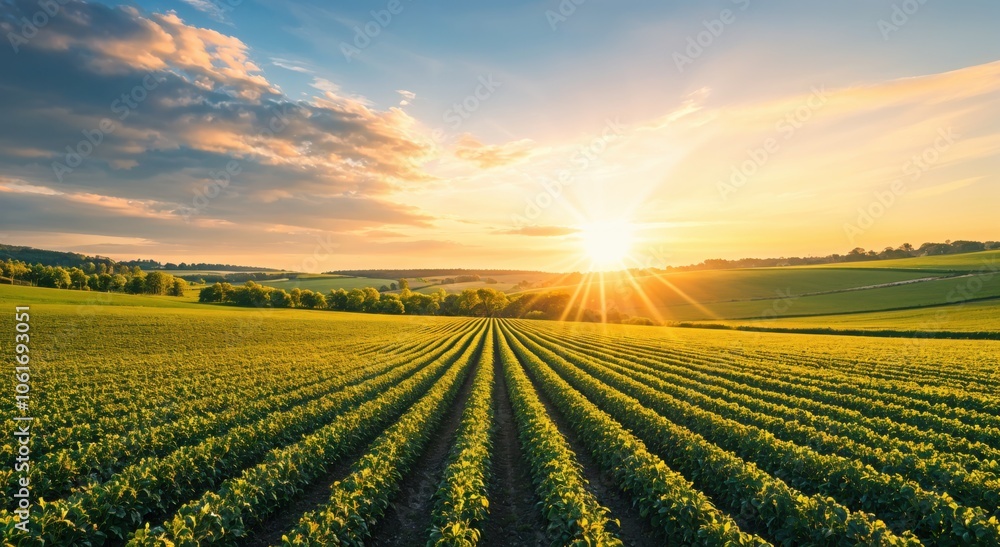 Scenic landscape featuring sunlit vineyards with rows of crops and a vibrant sky at dawn Scenic landscape featuring sunlit vineyards with rows of crops and a vibrant sky at dawn