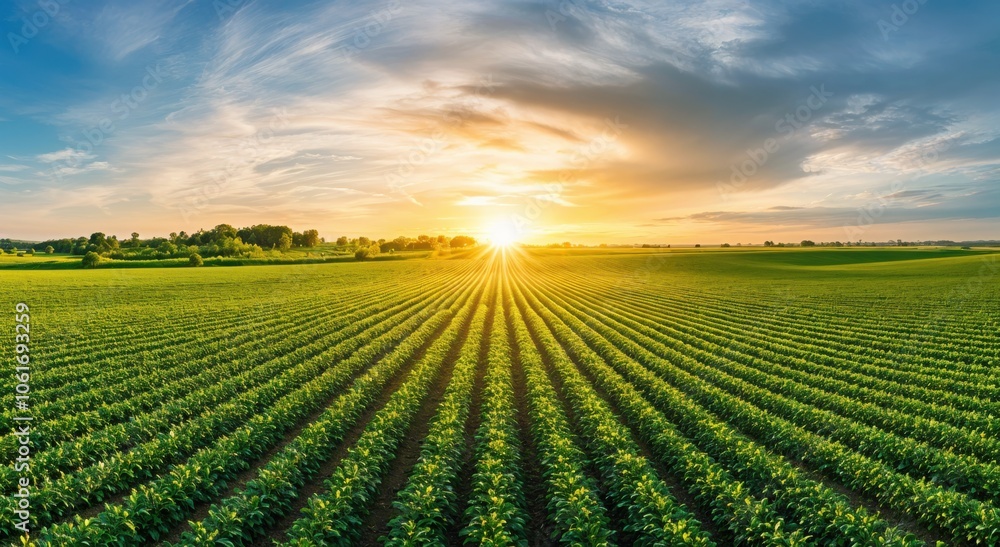 Vibrant sunset illuminates a lush green field with neatly aligned crop rows Vibrant sunset illuminates a lush green field with neatly aligned crop rows