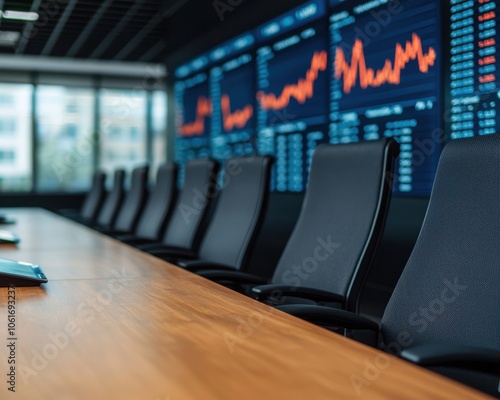 A modern conference room with a sleek table, black chairs, and digital screens displaying financial data and stock trends. photo