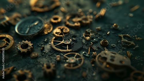 Close-up of assorted gears and clock parts scattered on a dark surface.