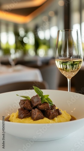 Beef stew with polenta and white wine in a fine dining setting photo