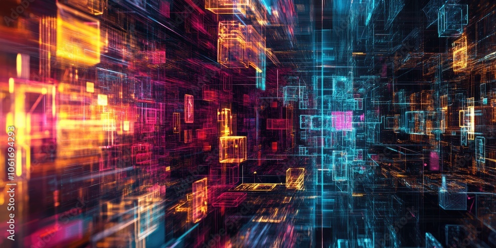 Obraz premium An abstract AI data pattern visual representing big data analytics and algorithmic trading, with complex, colorful shapes shifting in real time.