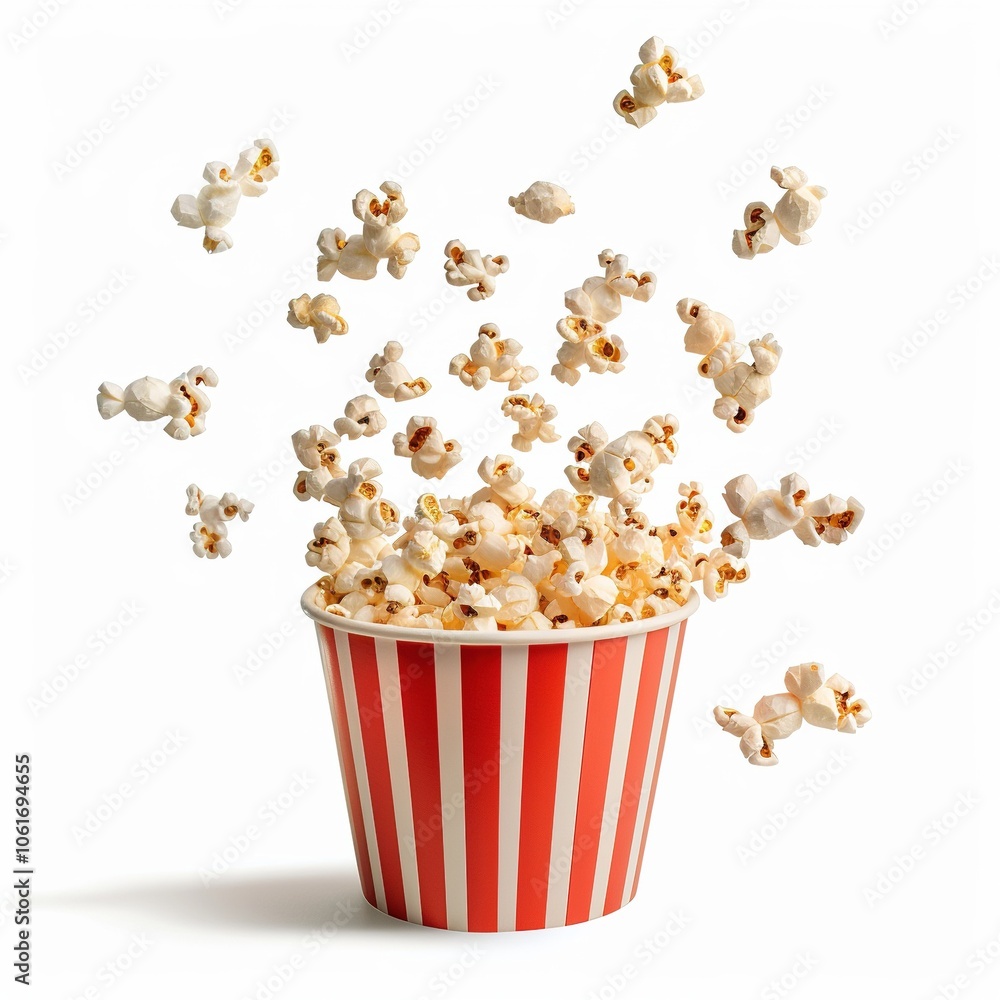 Popcorn bucket with popcorn taking flying, Isolated on white Background Popcorn bucket with popcorn taking flying, Isolated on white Background