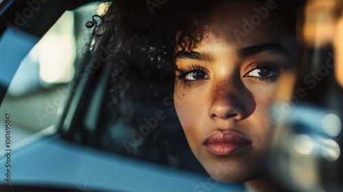 A woman is gazing thoughtfully out of the car window as she travels photo