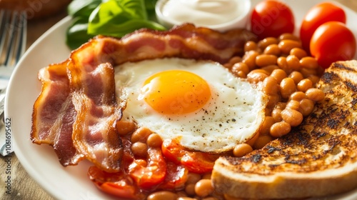 A classic full English breakfast with fried eggs, bacon, sausage, baked beans, grilled tomatoes, and toast, creating a hearty and traditional morning meal photo