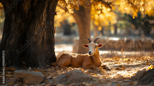 An Adorable Golden Guernsey Goat Resting Peacefully Under a Tree Bathed in Dappled Sunlight photo