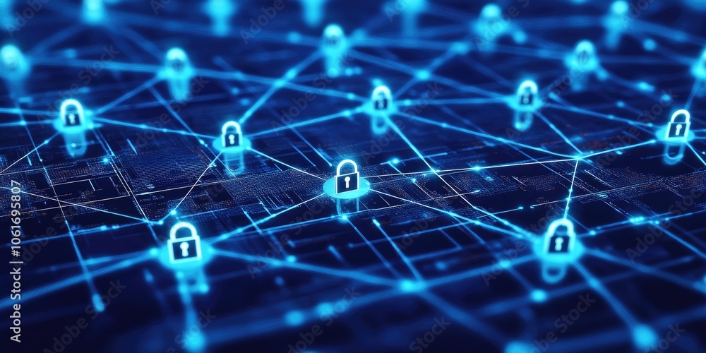 Obraz premium Diagram of a cybersecurity framework with connected nodes, glowing lines, and padlock icons.