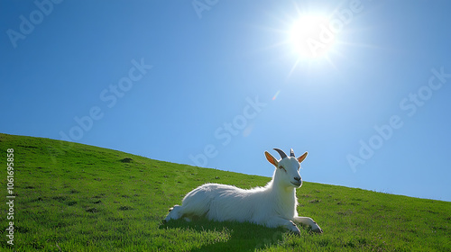 A Serene Kiko Goat Resting Peacefully on a Sun-Drenched Hill Surrounded by Rolling Green Pastures and a Clear Blue Sky photo