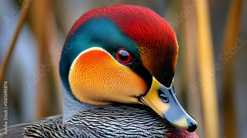 A Stunning Close-Up Portrait of a Male Baikal Teal Duck Showcasing Its Striking Beauty and Elegance photo