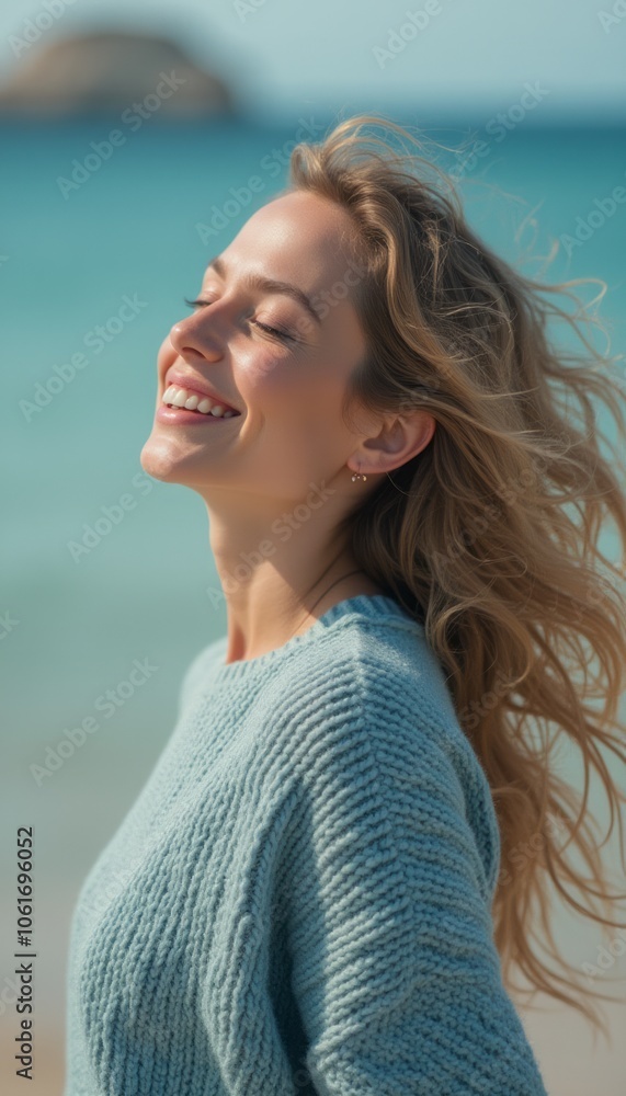 A joyful woman with her hair flowing in the wind smiles brightly, enjoying a sunny day outside. A joyful woman with her hair flowing in the wind smiles brightly, enjoying a sunny day outside.