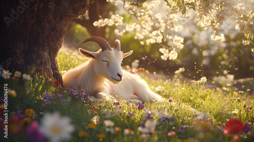 Peaceful Beetal Goat Resting Under a Shady Tree in a Colorful Meadow photo