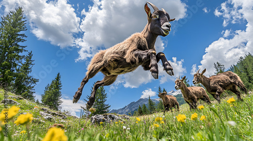 Joyful Young Valais Blackneck Goat Leaping in the Meadow Surrounded by Friends in a Vibrant Swiss Landscape, Emphazising Pure Exuberance photo