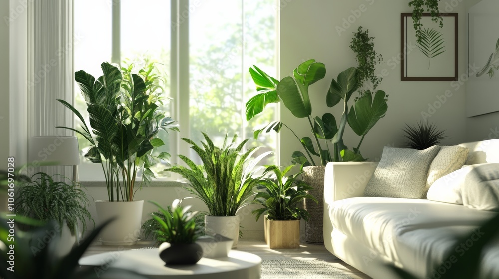 A collection of indoor plants placed around a living room, adding greenery and life to the space, with plants like snake plants, ferns, and spider plants A collection of indoor plants placed around a living room, adding greenery and life to the space, with plants like snake plants, ferns, and spider plants