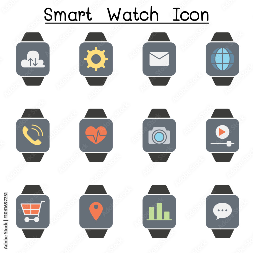 Smart watch icon set in flat color style Smart watch icon set in flat color style