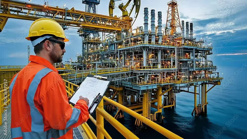 A worker in a safety helmet observes an offshore oil platform, taking notes on a clipboard, highlighting industrial operations in a marine environment.
