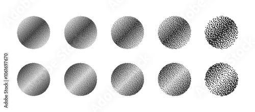 Circles With Different Resolution of Bitmap Dither Linear Gradient Vector Set Isolated On White Background. Retro 8 Bit Pixel Art Graphics Style Round Shapes with Various Textures Design Elements