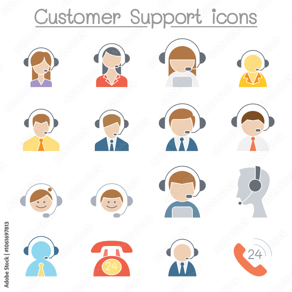 Customer service & Call Center icon set in flat color style Customer service & Call Center icon set in flat color style