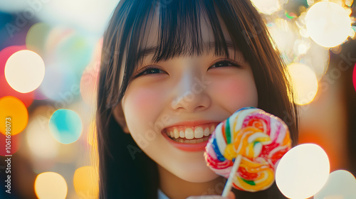 Young woman smiling and holding a colorful lollipop, close up.