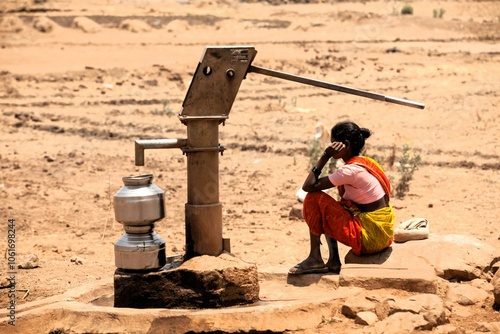 Tribal woman waiting near hand pump for water, India