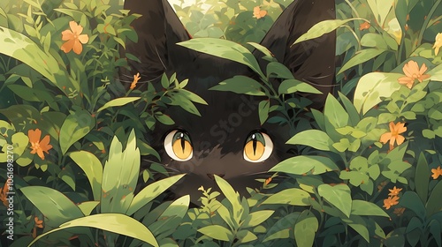 an animal stalks its prey behind bushes and leaves, colorful anime style photo