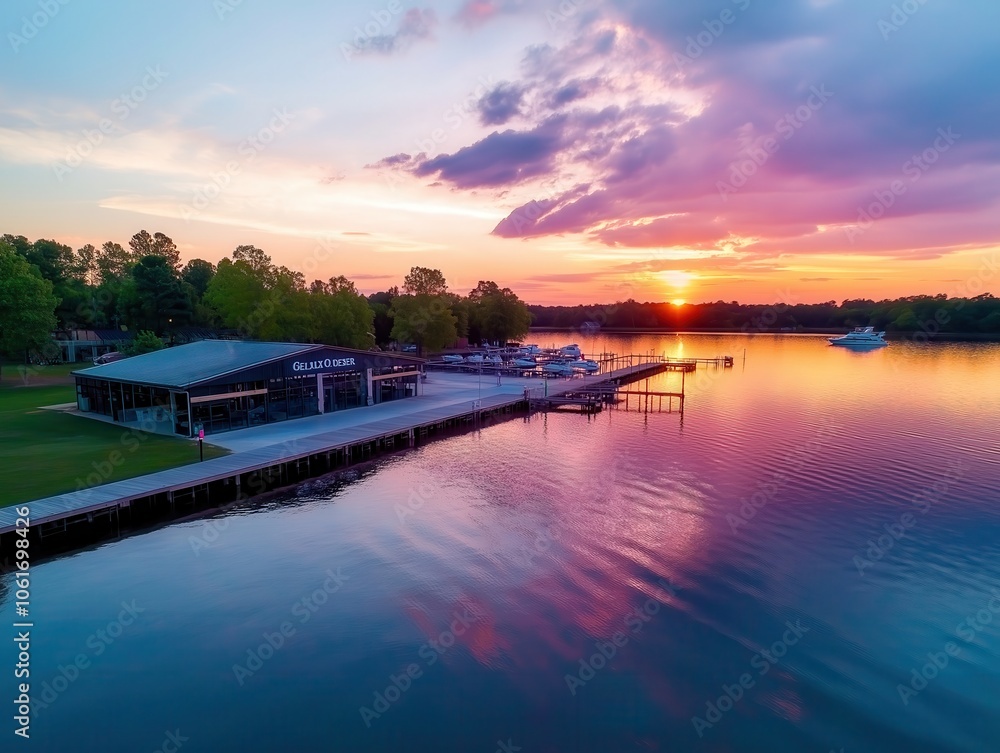 Obraz premium Breathtaking sunset landscape with beautiful reflection on a calm serene lake Docked boats and a wooden boathouse frame the peaceful waterfront scene
