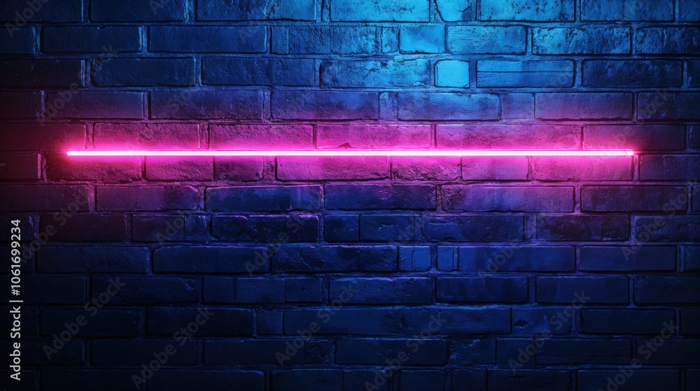 Neon pink line illuminates a textured blue brick wall Neon pink line illuminates a textured blue brick wall