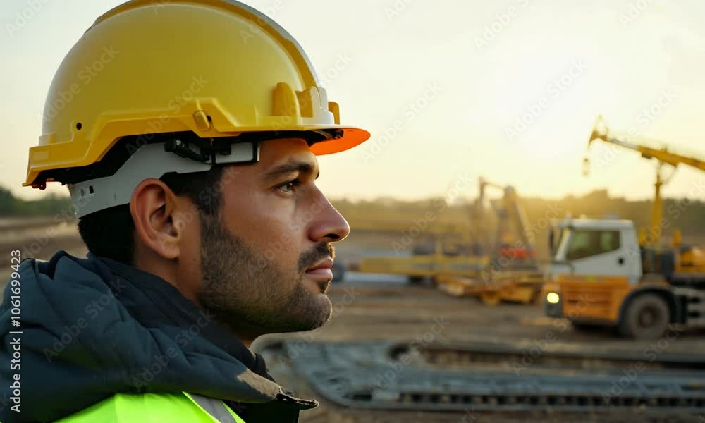 Portrait of a construction worker or engineer on a building site, wearing a hard hat Portrait of a construction worker or engineer on a building site, wearing a hard hat