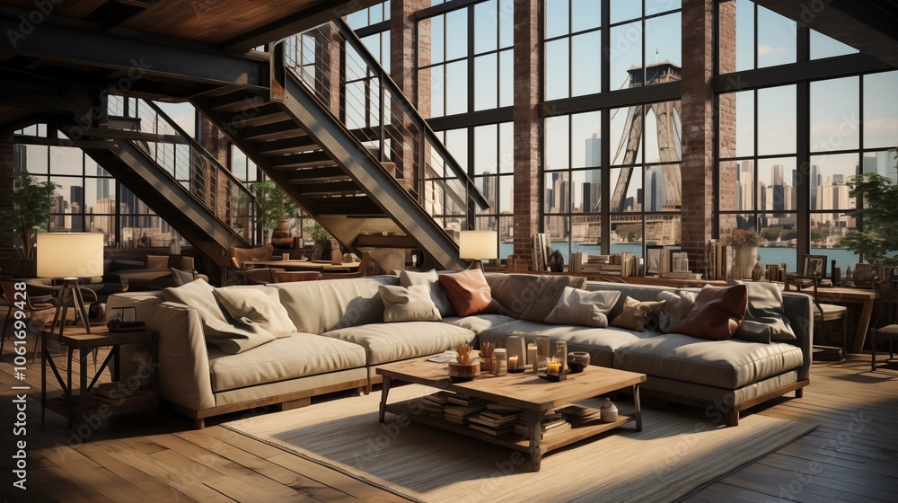 Contemporary loft with stylish living room decor and open layout, ideal for urban-inspired interiors. Contemporary loft with stylish living room decor and open layout, ideal for urban-inspired interiors.
