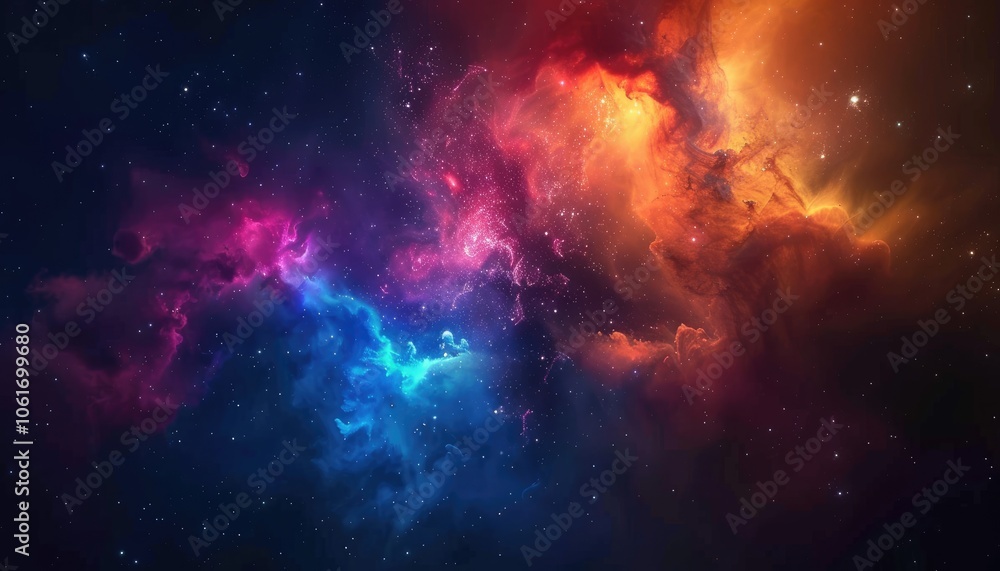 Naklejka premium Cosmic Nebula with Vibrant Colors and Scattered Stars