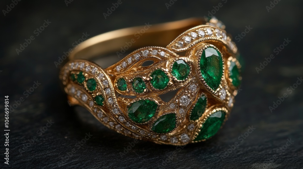 A custom gemstone ring featuring a mix of emeralds and diamonds, highlighting the unique design and expert craftsmanship A custom gemstone ring featuring a mix of emeralds and diamonds, highlighting the unique design and expert craftsmanship