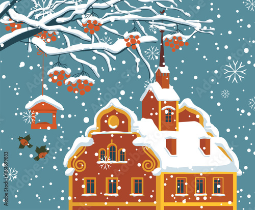 Cartoon winter landscape with a brown house in the snow, snow-covered branches and red clusters of Rowan, bullfinches and a bird feeder. Vector illustration, greeting card or banner in flat style