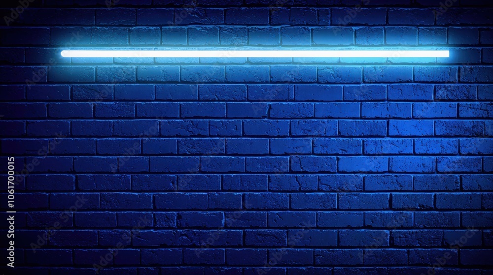 Vibrant blue brick wall illuminated by a neon light strip Vibrant blue brick wall illuminated by a neon light strip