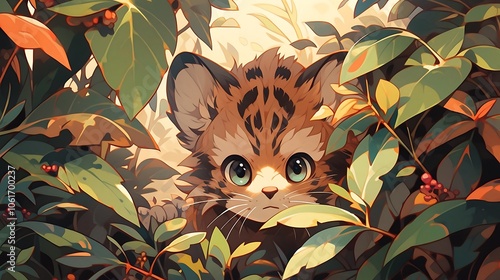 an animal stalks its prey behind bushes and leaves, colorful anime style photo