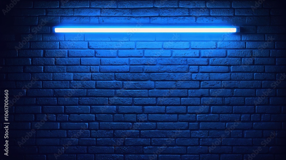 Blue neon light illuminates a textured brick wall Blue neon light illuminates a textured brick wall