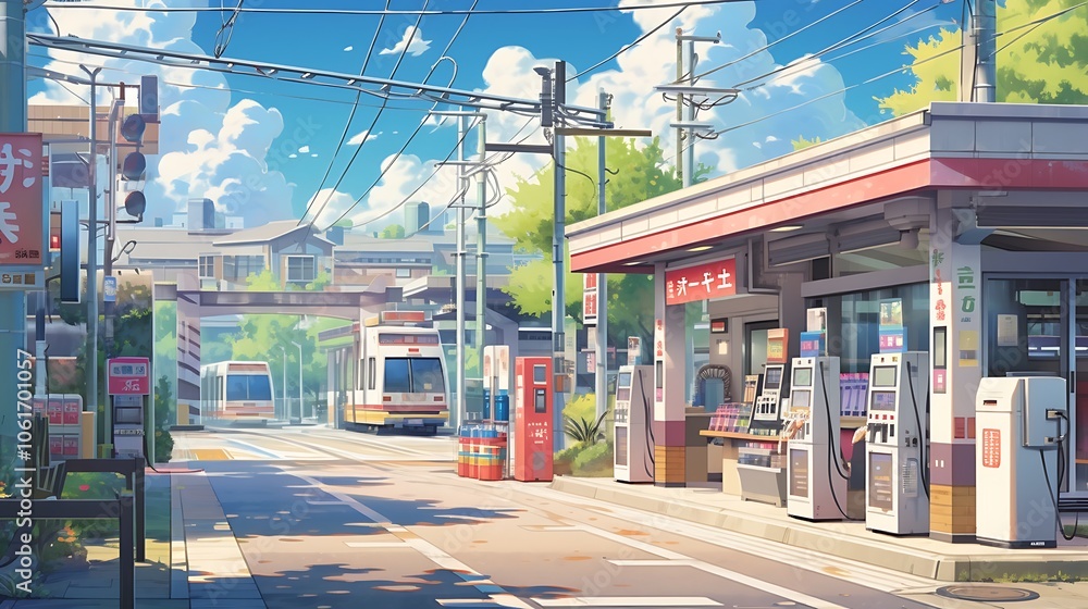 Naklejka premium Japanese village town. train station with shops, colorful anime style