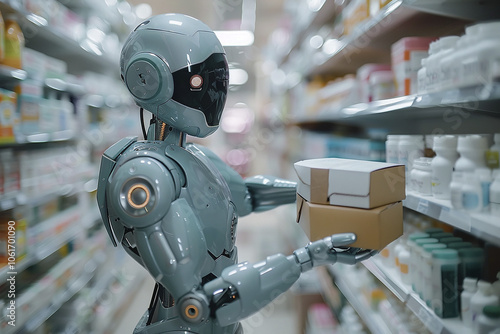 robot in action. robot in the drug store holding a box with drugs. robot works in the pharmacy store as a pharmacist. AI Generated photo