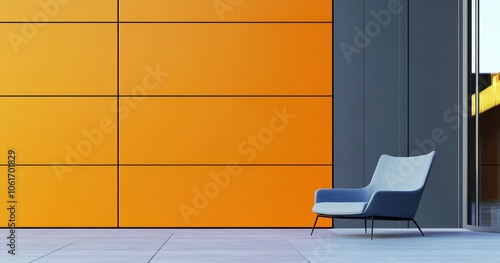 Rendu 3D d'un design intérieur moderne avec un panneau mural orange et un fauteuil gris dans un style minimaliste, vue de face. photo