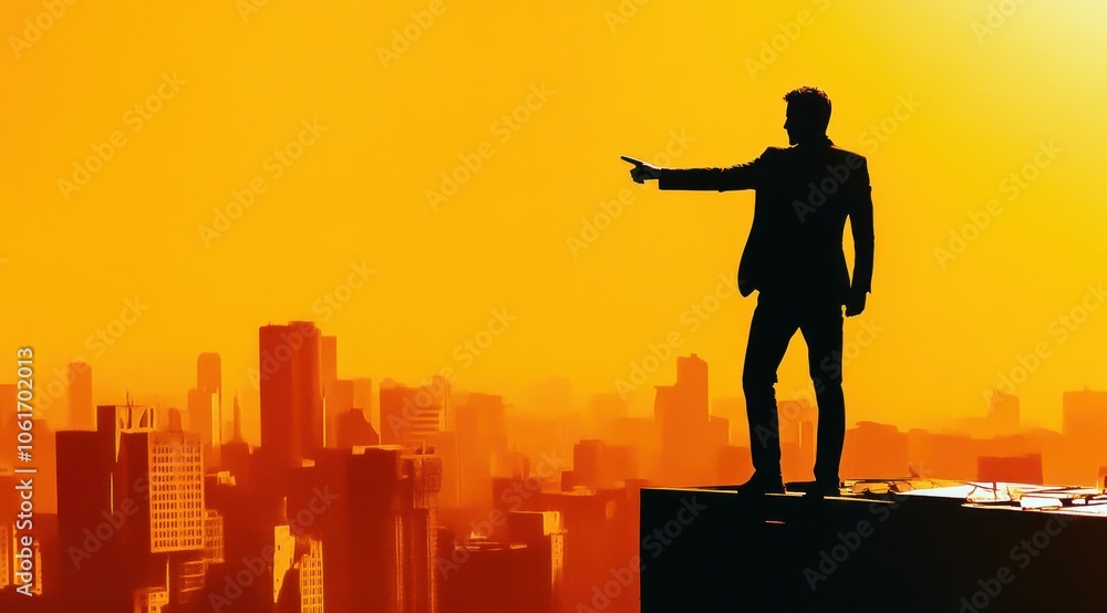 Une silhouette d'homme d'affaires debout au sommet d'un immeuble dans un paysage urbain et pointant la main vers le ciel, isolé sur un fond orange, avec un espace de copie pour message, texte ou logo. Une silhouette d'homme d'affaires debout au sommet d'un immeuble dans un paysage urbain et pointant la main vers le ciel, isolé sur un fond orange, avec un espace de copie pour message, texte ou logo.