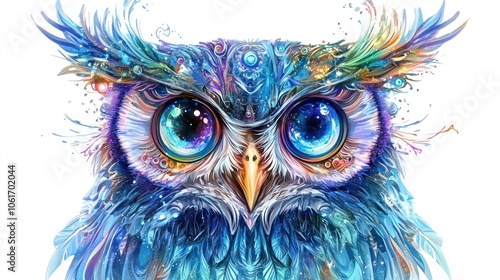 owl perched gracefully, with its feathers depicted as a blend of vibrant blues, purples, and golds.