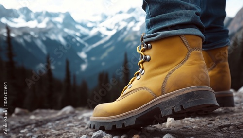 Gros plan sur les pieds d'un homme avec des chaussures de randonnée marchant sur un sentier, avec en arrière-plan des montagnes enneigées et une forêt. photo